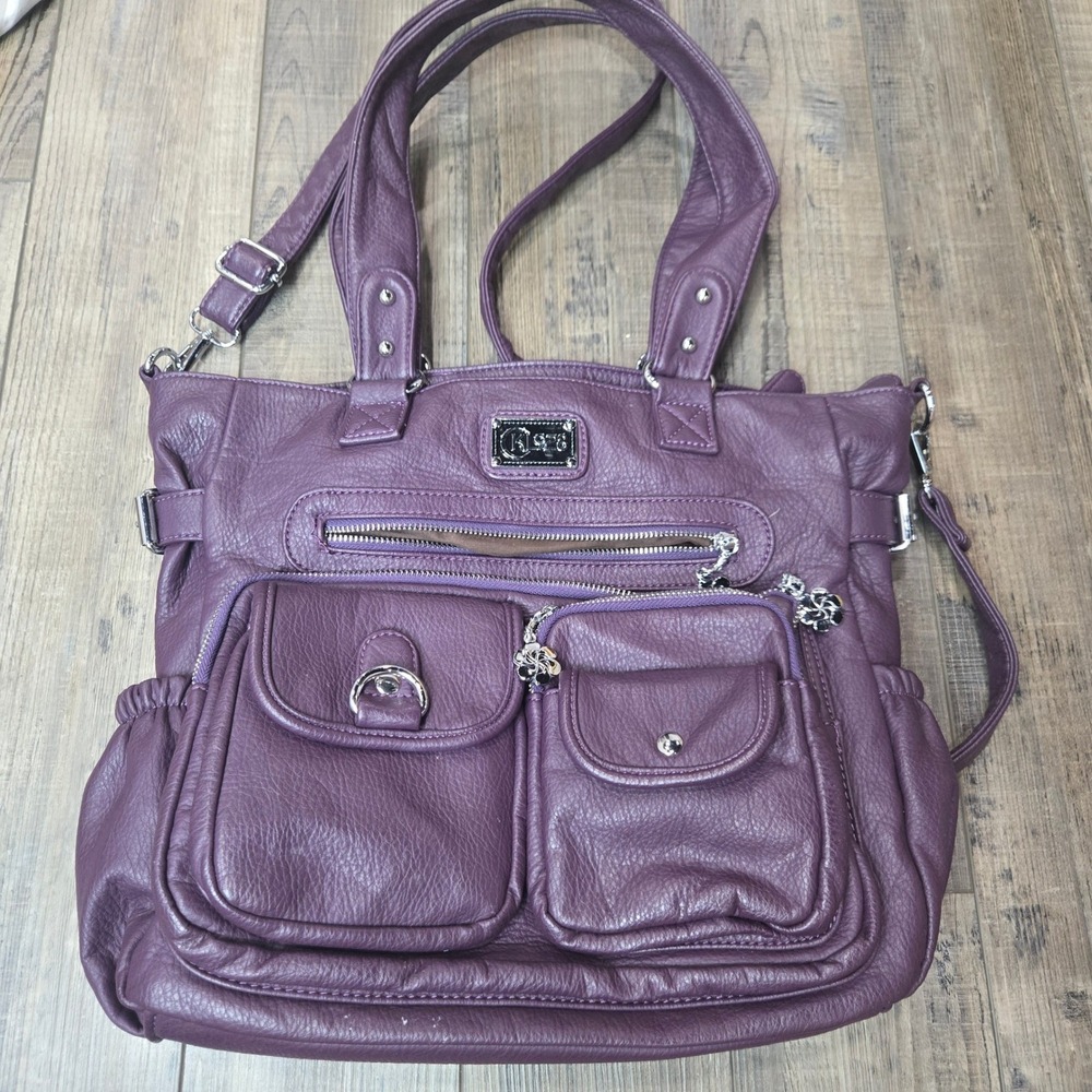 KL928 Purple Pebbled Faux Leather Pocket Satchel Crossbody Handbag Large Y2K